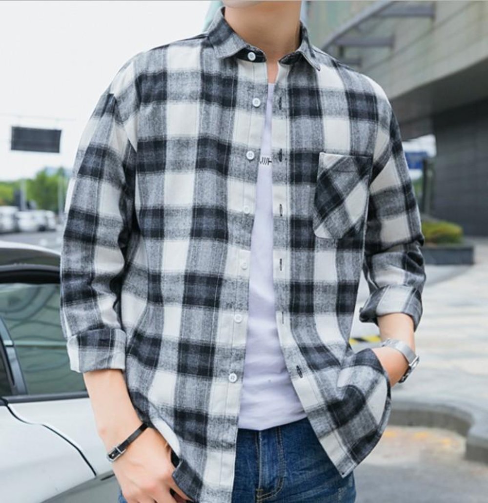 Gray Plaid Button-Up Casual Shirt for Men with Long Sleeves
