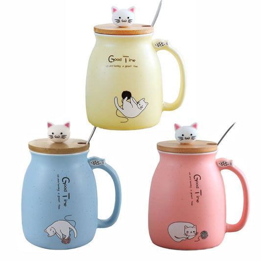Cute Cartoon Cat Ceramic Coffee Mug: yellow, blue cats, cute cartoon kawaii style