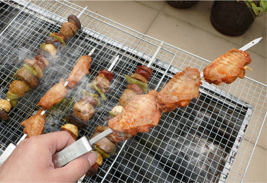 Stainless Steel Skewers for Grilling - Set of 6 Pieces: orange-brown, golden brown grilled meat and vegetable kebabs, realist
