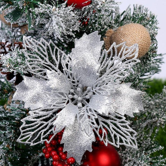Set of 10 Glittery Flower Christmas Tree Ornaments: silver, white poinsettia flower, festive Christmas holiday decor style