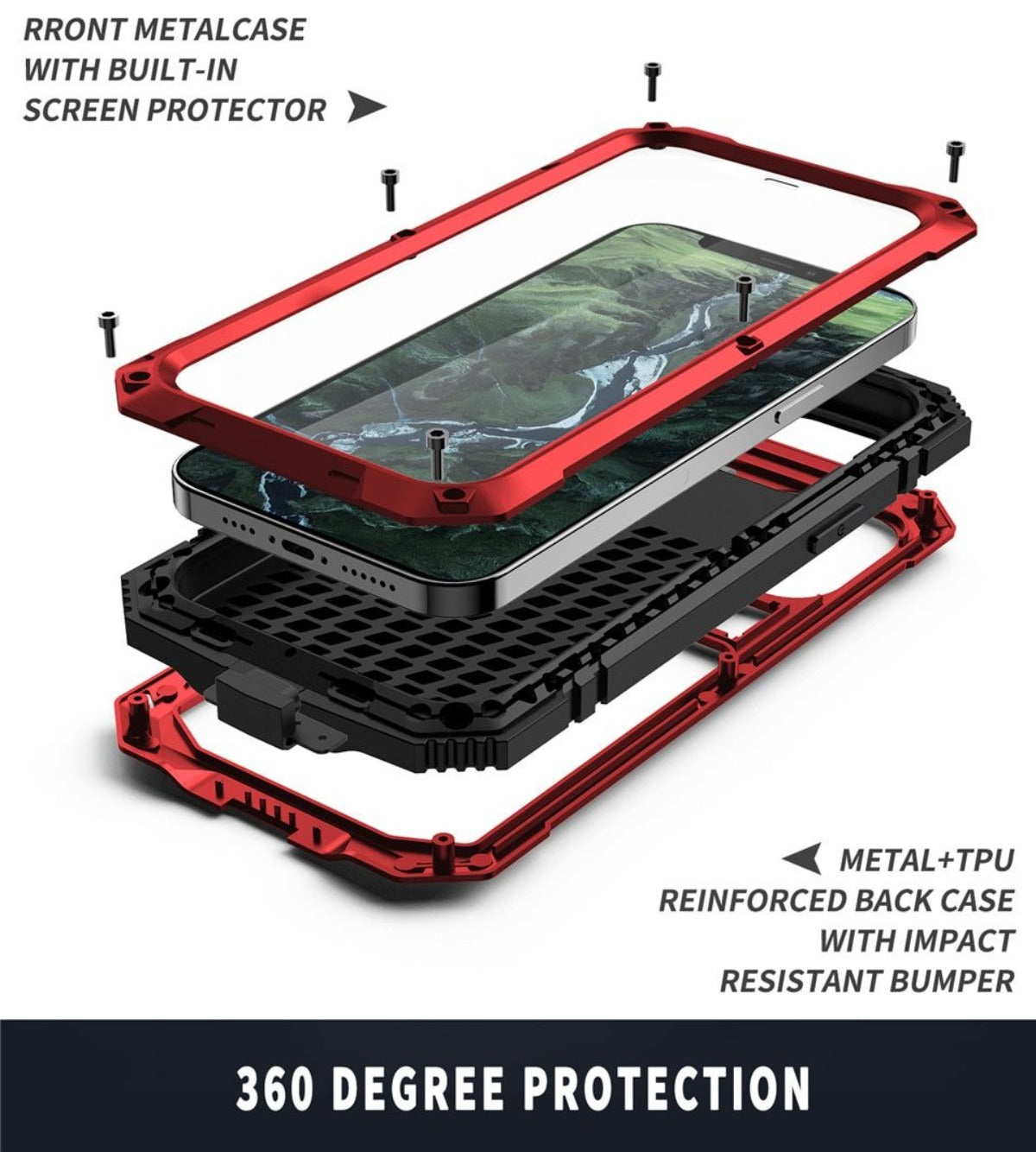 Protective Metal Case with Shockproof Armor and Tempered Glass for iPhone