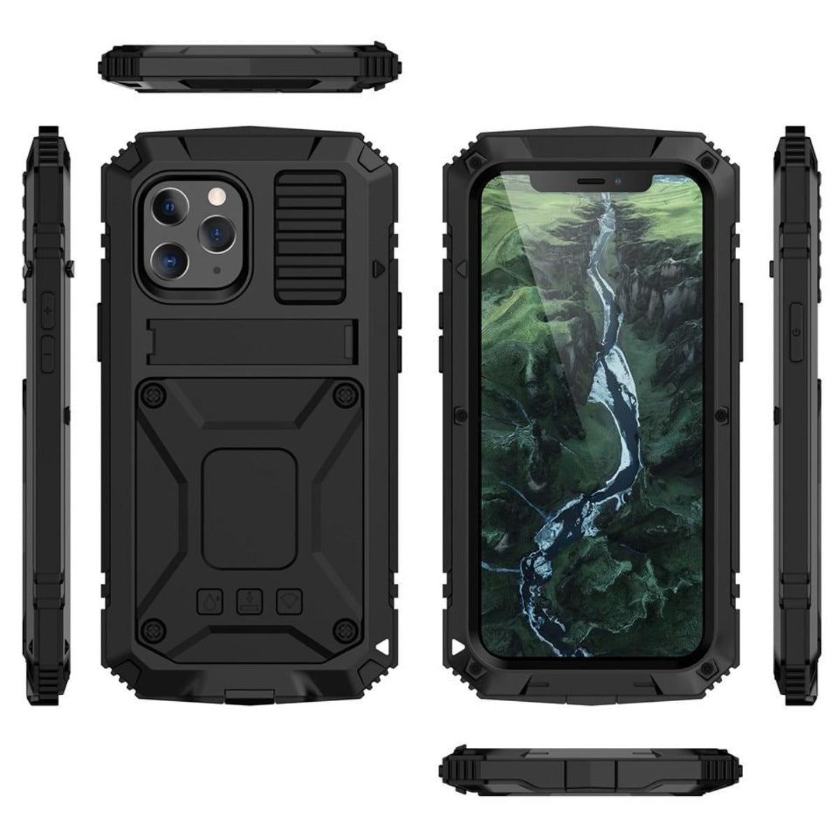 Protective Metal Case with Shockproof Armor and Tempered Glass for iPhone