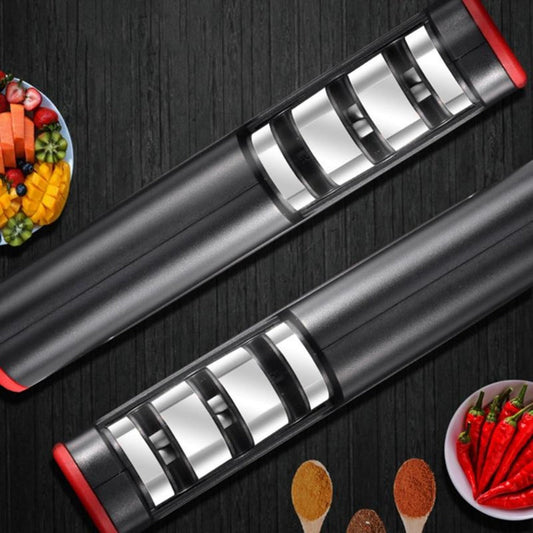 Professional Handheld 3 Stage Knife Sharpening Device: black, dark gray cylindrical black-and-red devices, modern minimal sty