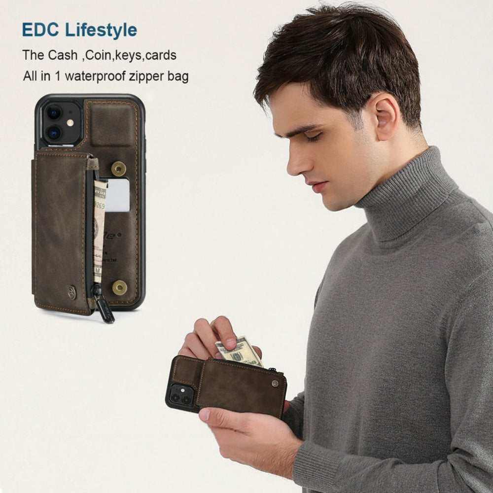 Slim Back Case with Zipper for iPhone 11 to 15 Series
