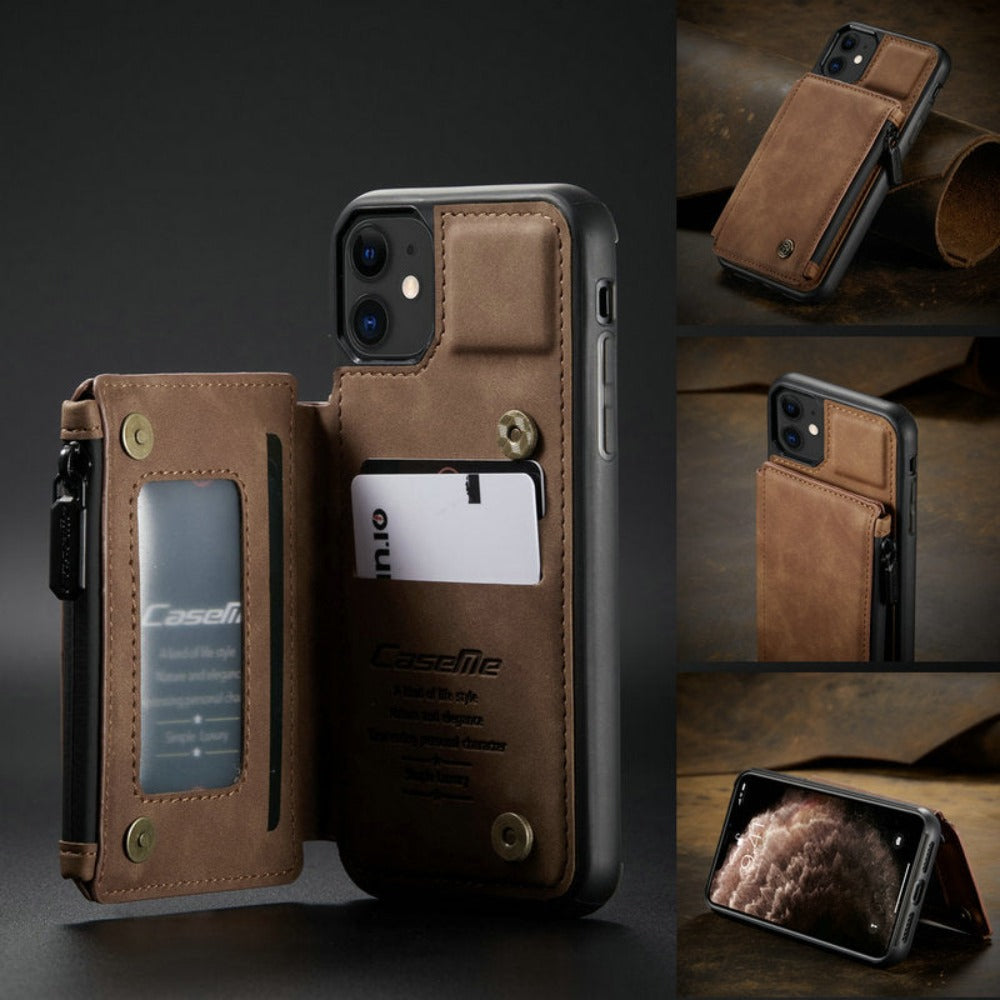 Slim Back Case with Zipper for iPhone 11 to 15 Series