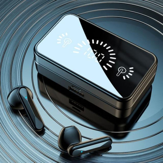 BT-MBOX Dragon True Wireless Earbuds: black, light blue wireless earbuds with charging case, minimal futuristic style