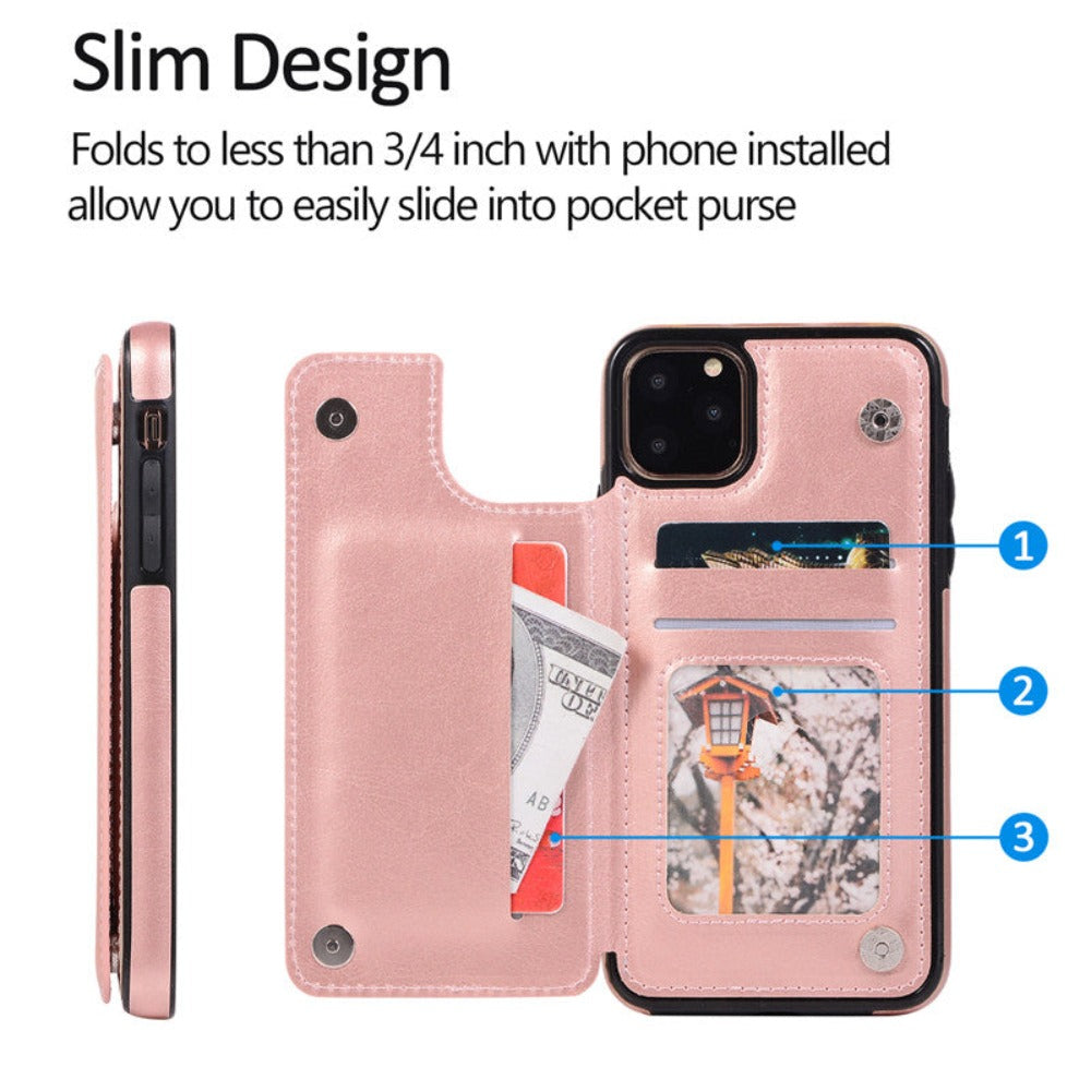 Retro-Themed Vegan Leather Flip Wallet Case for iPhone 11 to 15
