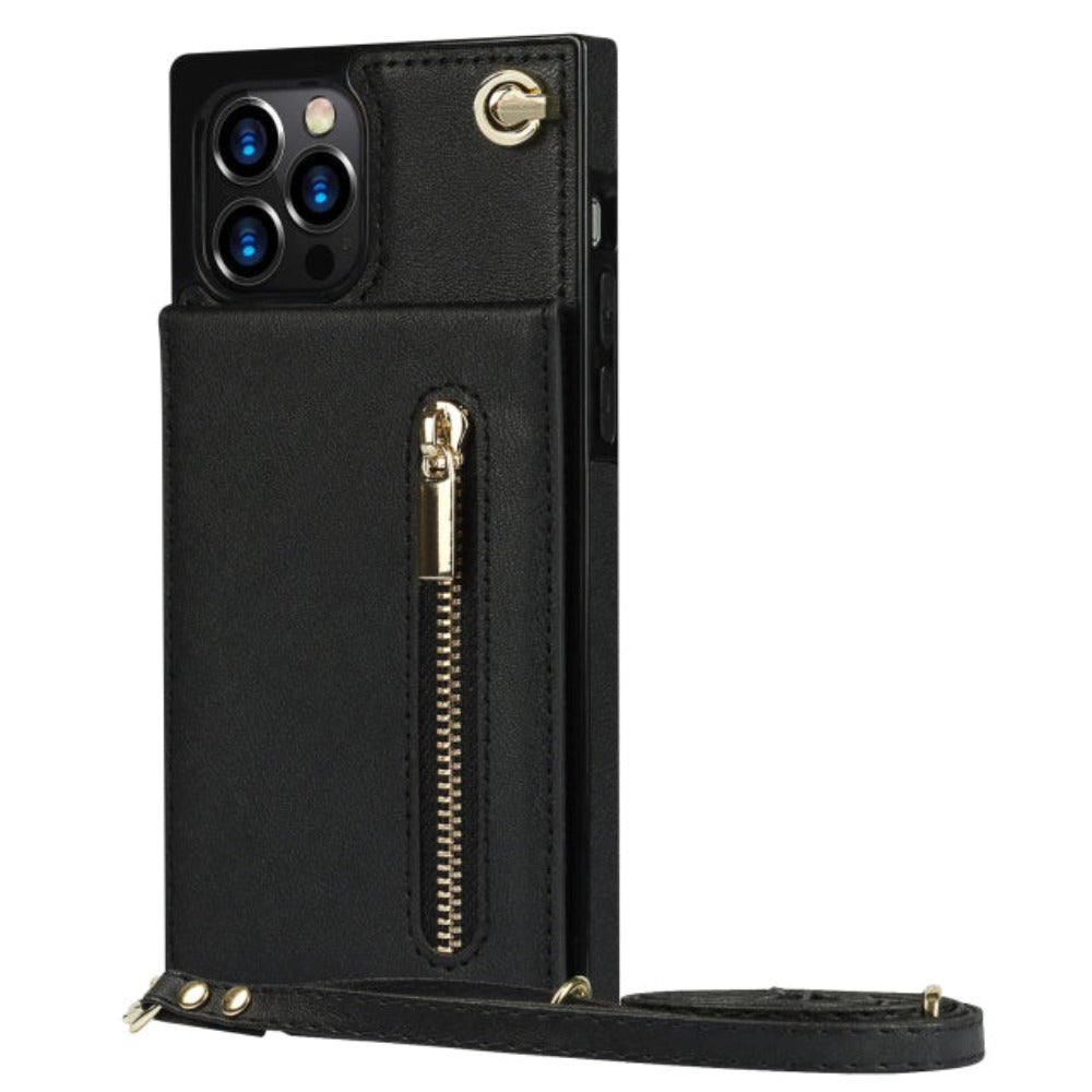 Crossbody Strap Slim Wallet Case for iPhone Series with Zipper Closure