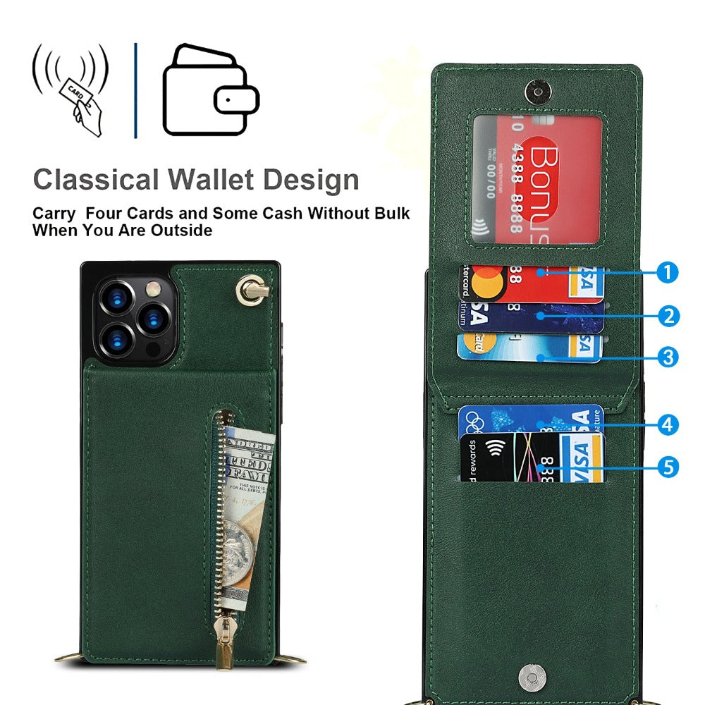 Crossbody Strap Slim Wallet Case for iPhone Series with Zipper Closure