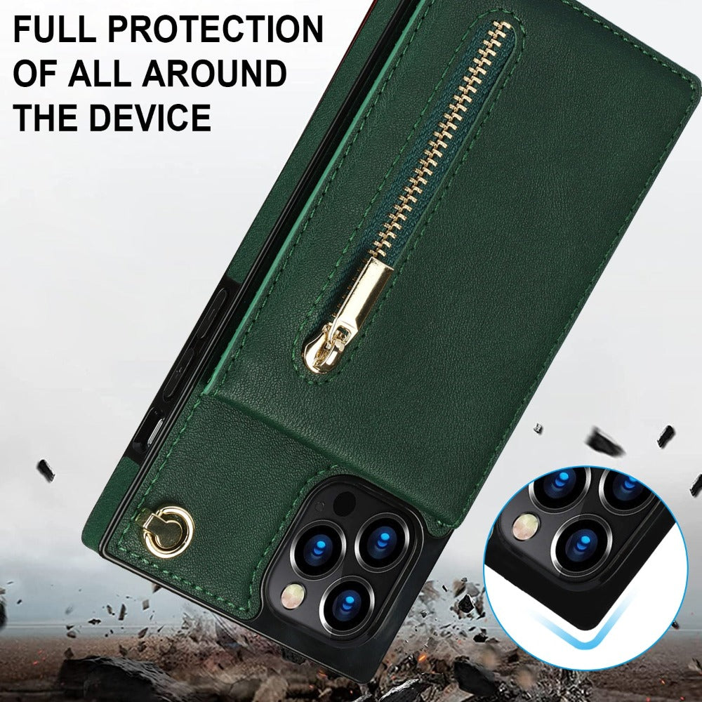 Crossbody Strap Slim Wallet Case for iPhone Series with Zipper Closure