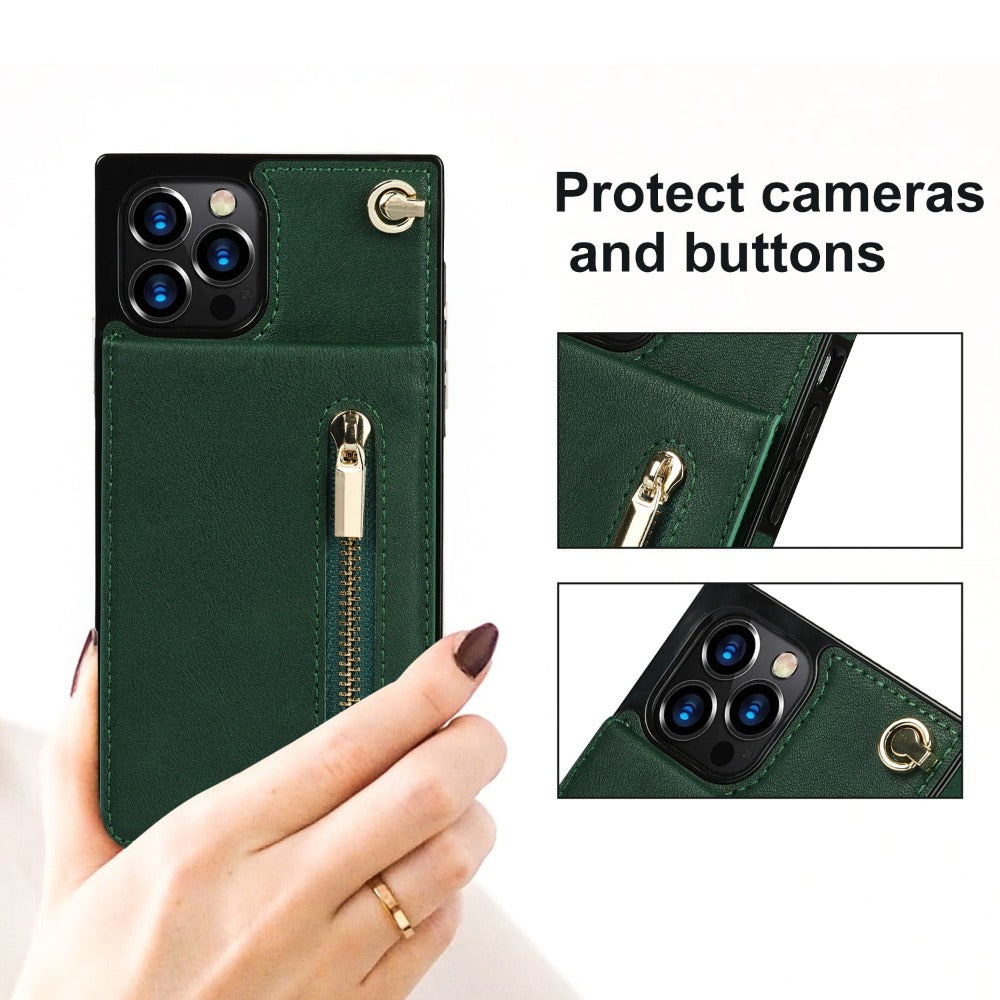 Crossbody Strap Slim Wallet Case for iPhone Series with Zipper Closure