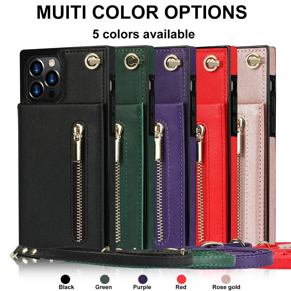 Crossbody Strap Slim Wallet Case for iPhone Series with Zipper Closure