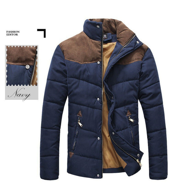 Navy Blue Men's Puffer Jacket with a Stand Collar