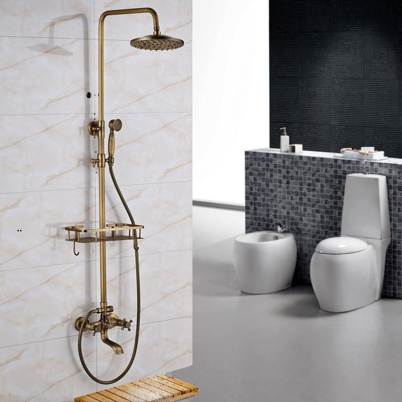 Antique Brass Shower System with Dual Handles and Wall Storage Bracket