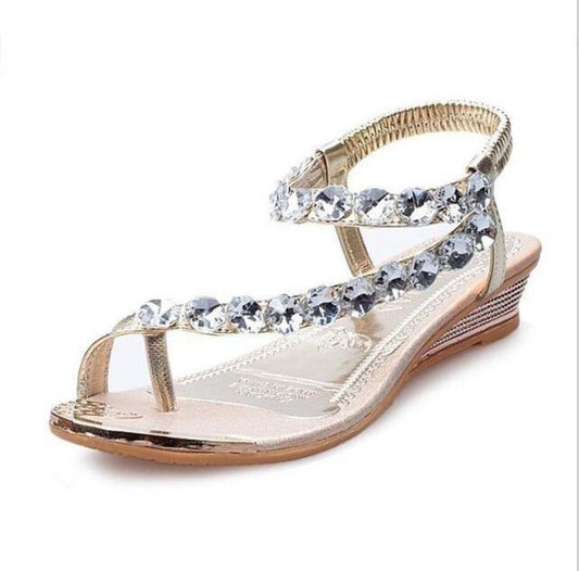 Khaki Slip-on Sandals with Rhinestones for Women: metallic gold, silver sandal, dressy glam style