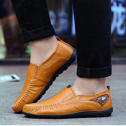 Casual Leather Loafers for Men with Slip-Resistant Rubber Sole: tan, orange-brown slip-on shoes, casual moccasin loafer style