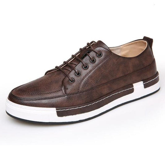Breathable Lace Up Vegan Leather Men's Casual Shoes: dark brown, white lace-up sneaker shoe, casual minimal style
