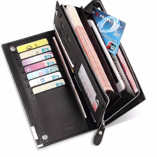 Leather Long Wallet for Men's Business Attire: black, silver zippered wallet, minimal style