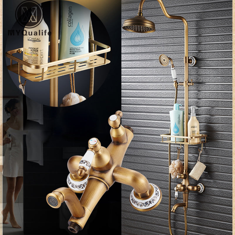Antique Brass Bronze Shower Set with Single Handle and Wall Storage Bracket