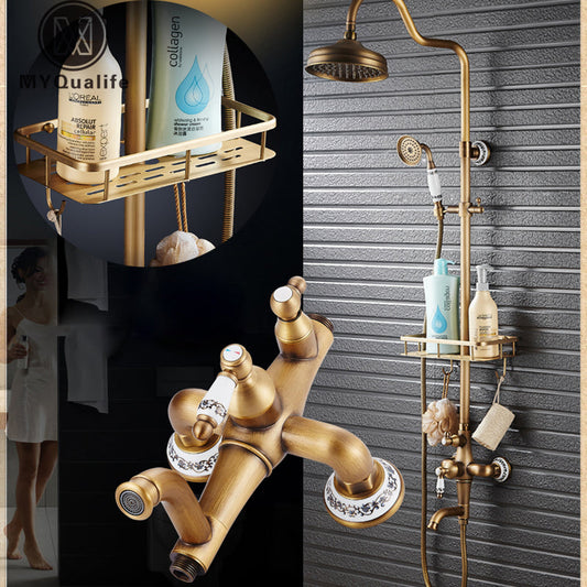 Antique Brass Bronze Shower Set with Single Handle and Wall Storage Bracket