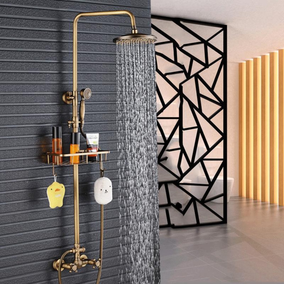 Antique Brass Bathroom Shower Faucet with Storage Holder - Dual Handle, 8" Rainfall