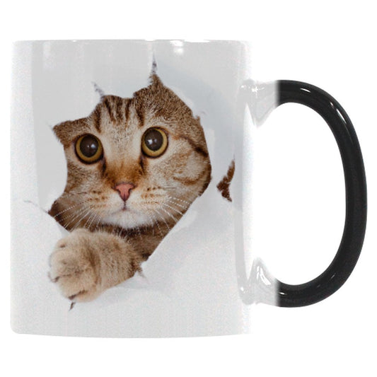 Colorful Ceramic Coffee Mug with Charming Cat Design: white, black cat, photorealistic animal print style