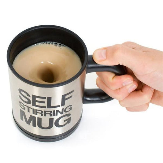 Self-Mixing Coffee Cup for Effortless Brewing: silver, black mug, novelty minimal style