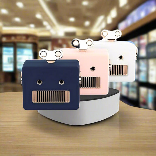 Mini Vintage Bot Wireless Speaker with Mic: navy blue, pale pink cartoon frog-like characters, cute cartoon kawaii style