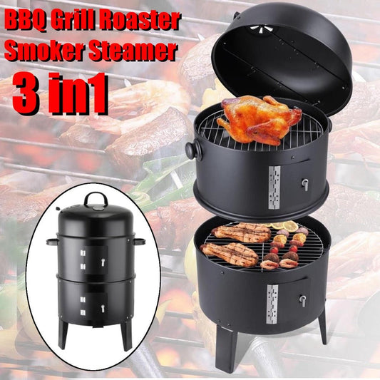 Outdoor BBQ Roaster with Triple Layer Functionality: black, silver outdoor charcoal grill/smoker, product advertisement style