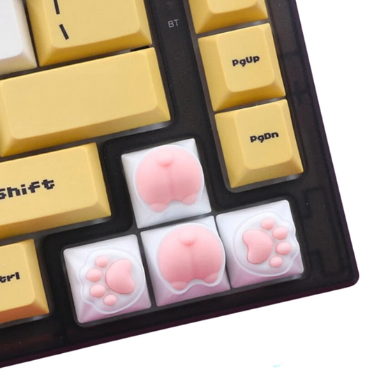 Set of 4 Keycaps with Feline Paws Design: yellow, black cat paw and cat rear/paw-pad theme, kawaii style