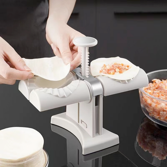 Dumpling Compression Device: white, light gray manual dumpling wrapper press and filling mold, minimal kitchen tool style