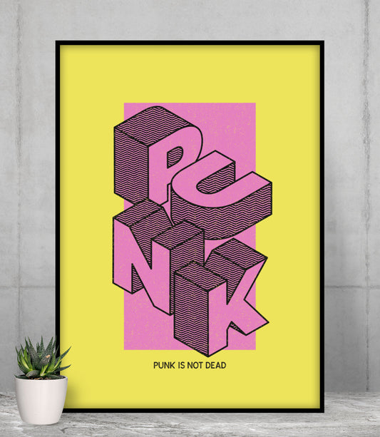 Retro Punk Lives Poster: yellow, pink punk typography, graphic punk, retro poster design style