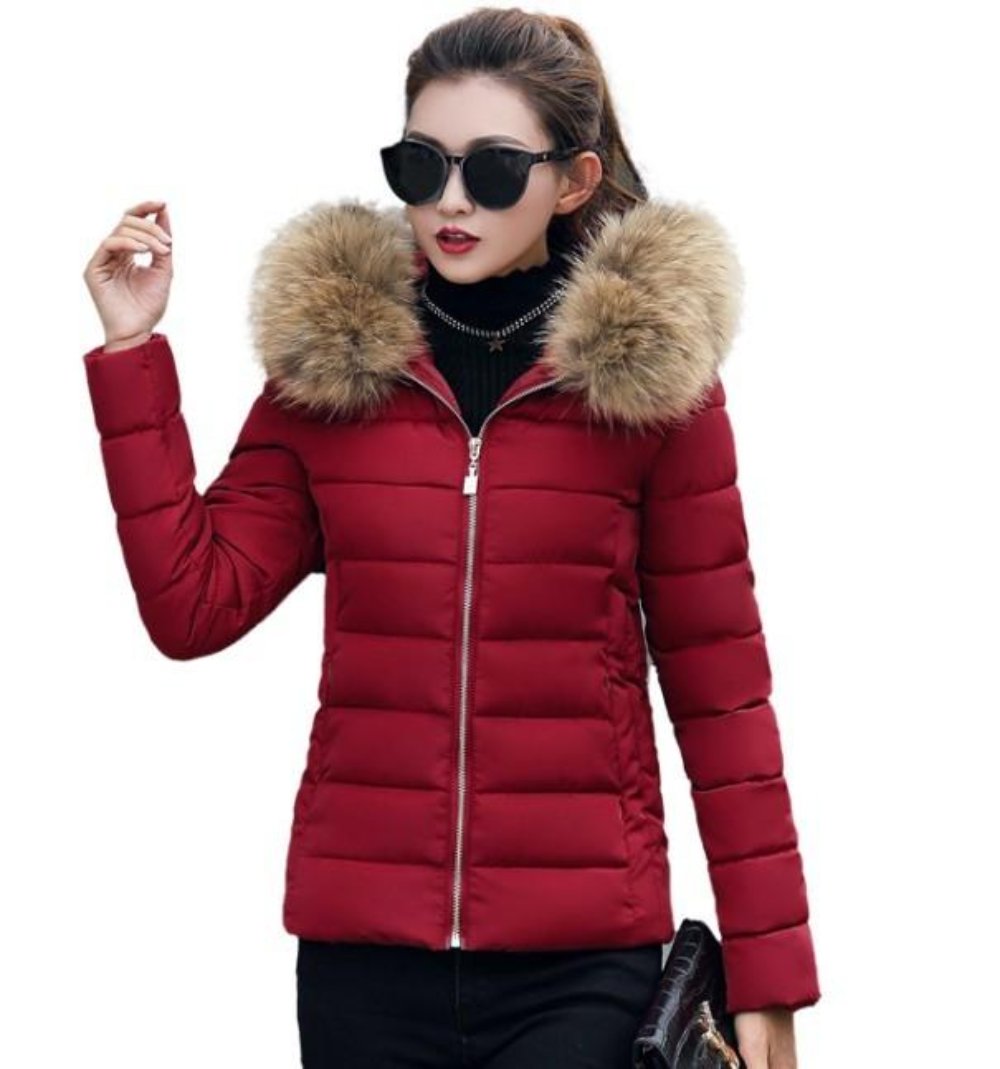 Slim-Fit Zippered Winter Coat with Hood for Women