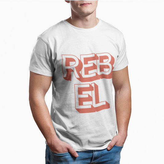 Rebel Logo Tee for Men: white, red text design, casual graphic style