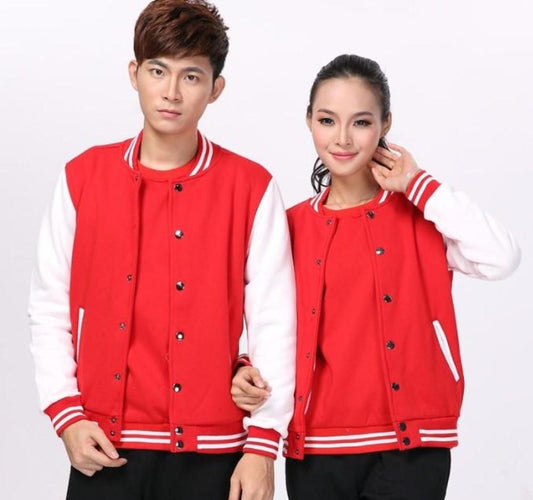 Red Unisex Baseball Coat: red, white matching varsity jackets