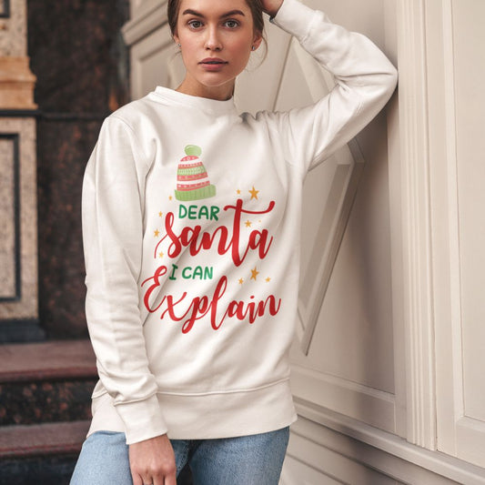 Santa I Can Explain Women's Sweatshirt: white, red Christmas/Santa theme, festive graphic style