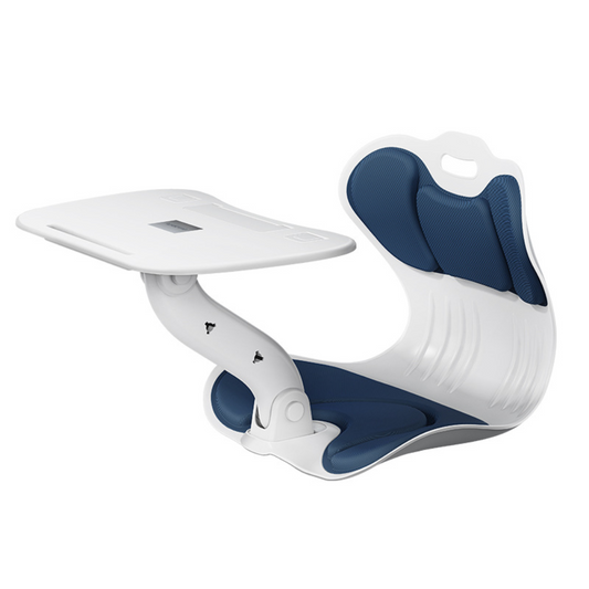 Compact Portable Duo Seat and Table: white, dark blue child seat with attached tray, modern minimal style