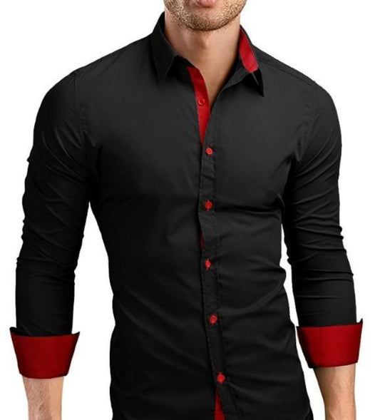 Slim-Fit Long Sleeve Button-Up Shirt for Men: black, red long-sleeve button-up shirt, modern dressy style