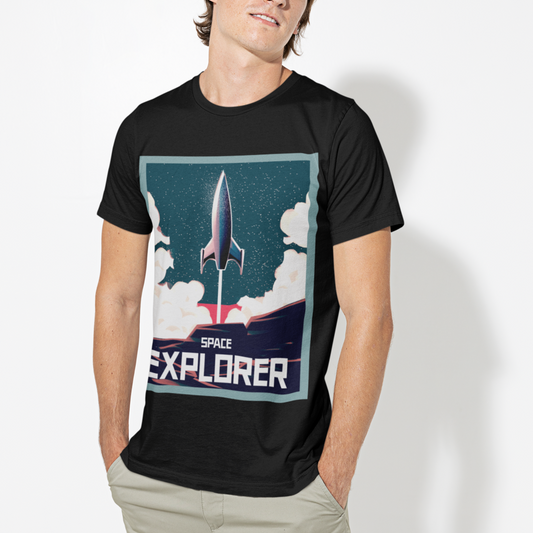 Rocket Man Tee for Men: black, teal blue rocket/space exploration, retro sci-fi graphic style