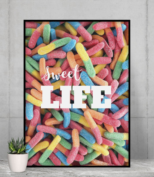 Gummy Candy Poster, Indulge in the Delightful World of Sweetness: pink, red multicolored gummy worm candy, colorful playful c