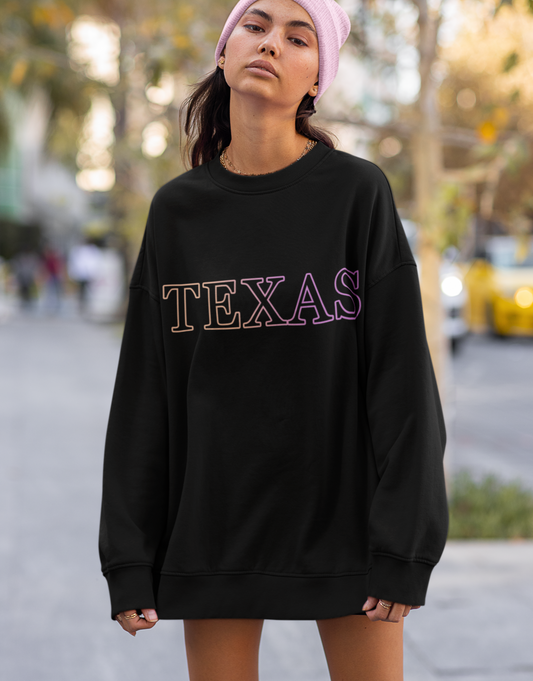 Gradient Crewneck Sweatshirt for Women in Texas Design: black, pink Texas text theme, casual streetwear style