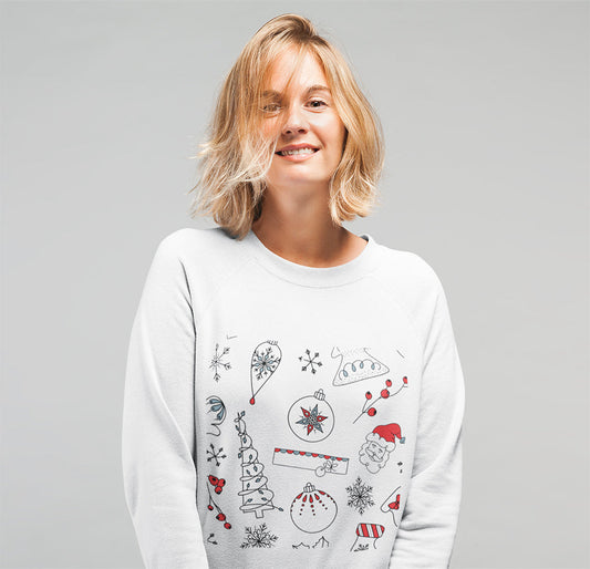 Christmas-themed Sweater for Women: white, black Christmas/holiday theme, minimal cartoon holiday graphic style