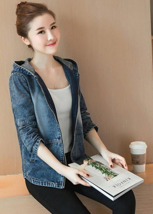 Short Denim Jacket with Hood, Women's Fashion Statement Piece: blue, dark blue hooded zip-front jacket, casual style