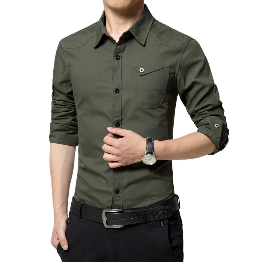 Classic White Long Sleeve Shirt with Flip Pocket and Button Front for Men