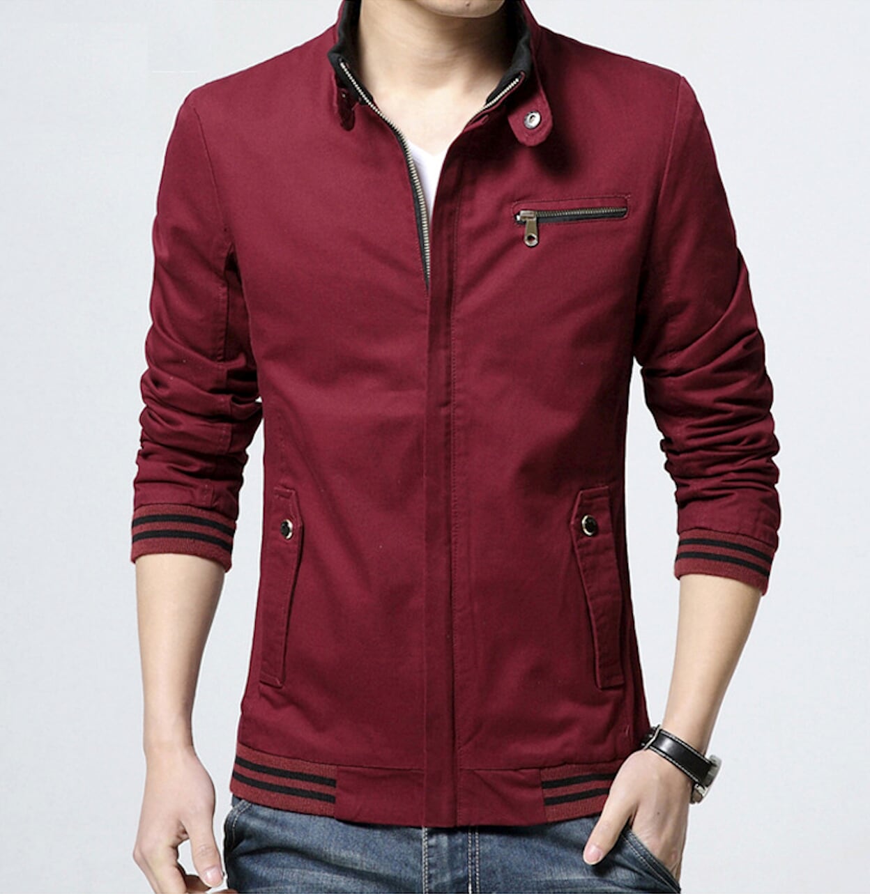 Beige Zip-up Jacket with Stand Collar for Men