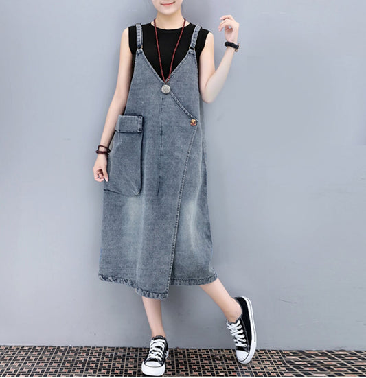Denim Dress for Women with a Handy Pocket: gray-blue, black denim pinafore-style dress, casual minimalist style
