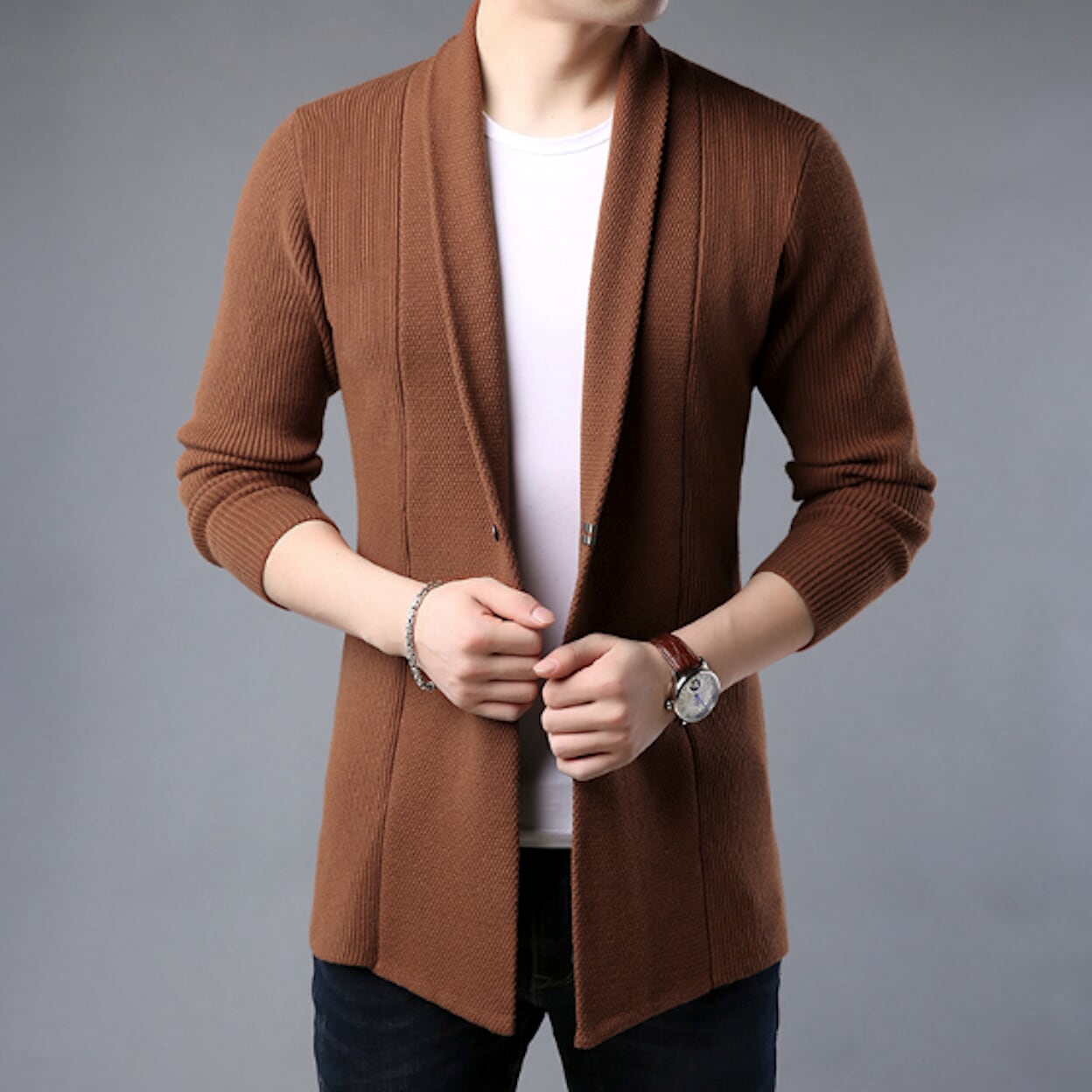Brown Mid Length Men's Open Cardigan