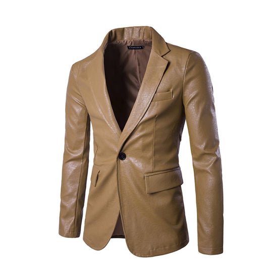 Faux Leather Blazer for Men: tan, brown blazer jacket, tailored, minimal style
