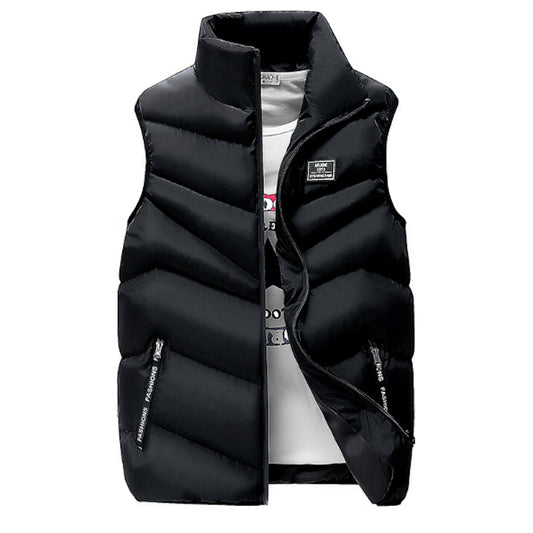 Classic High Collar Black Men's Quilted Vest: black, white sleeveless puffer vest, casual minimal style