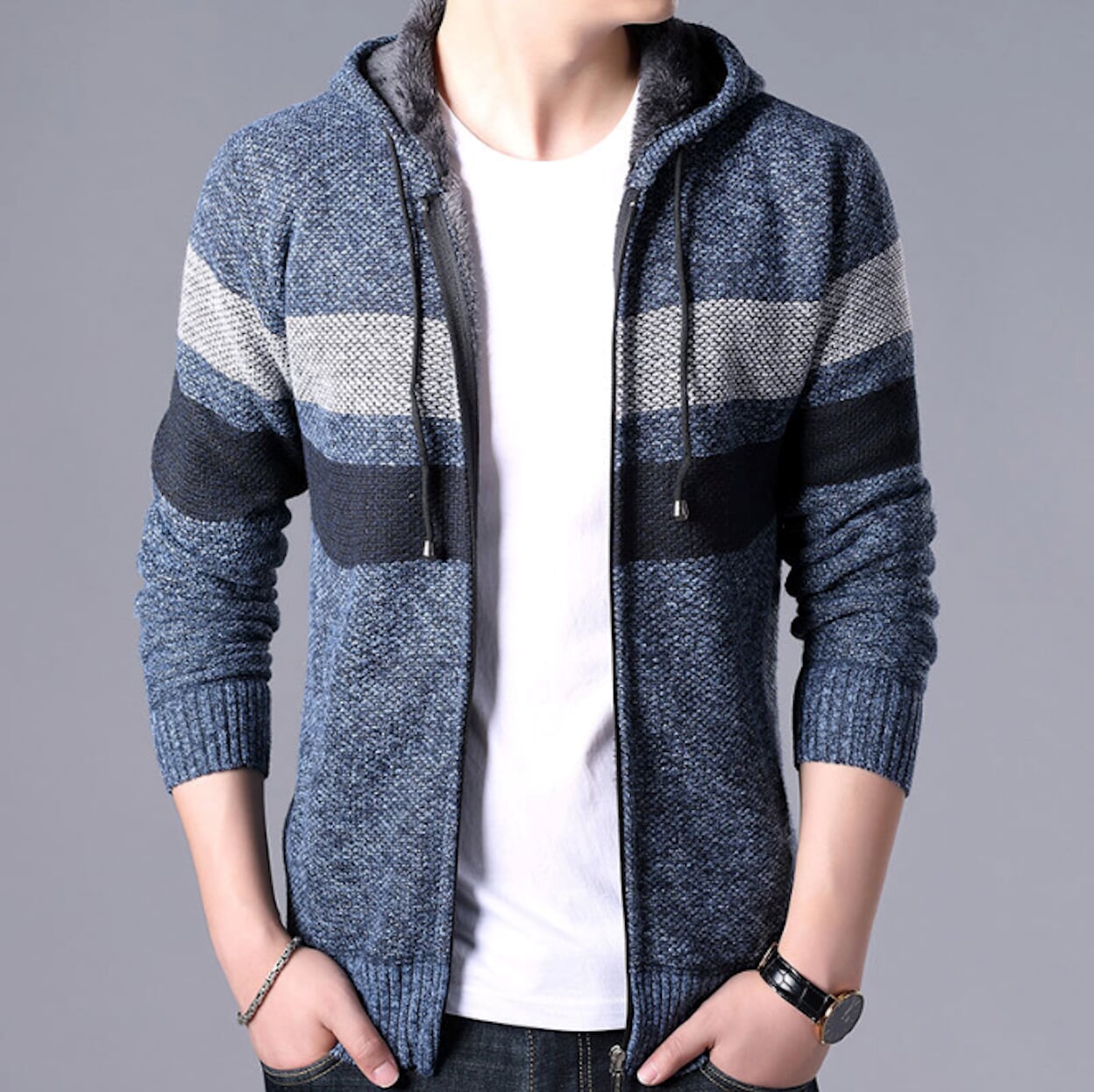 Hooded Men's Striped Knitted Sweater